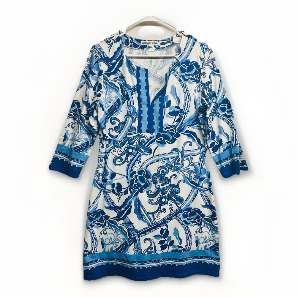 Barbara Gerwit Dress XL Floral 3/4 Split Sleeve V- Neck Resort Wear Blue White